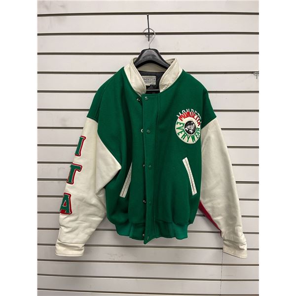 Vintage Mondetta Everywear "A Spirit of Unification" Wool Leather Italy Varsity Zip & Button Jacket