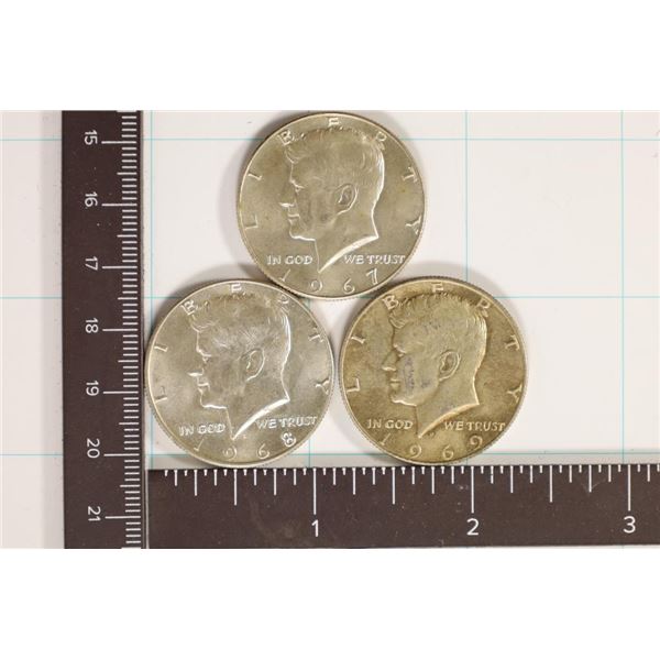 3-40% SILVER JOHN F. KENNEDY HALFS: 1967-1969