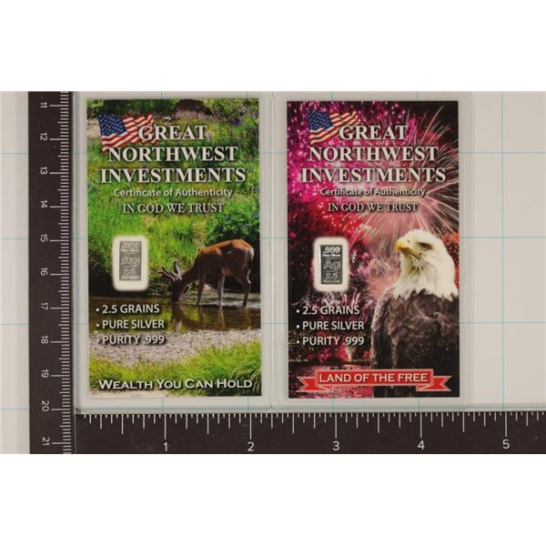 TWO-2.5 GRAIN SILVER BARS IN LAMINATED CARDS, .999
