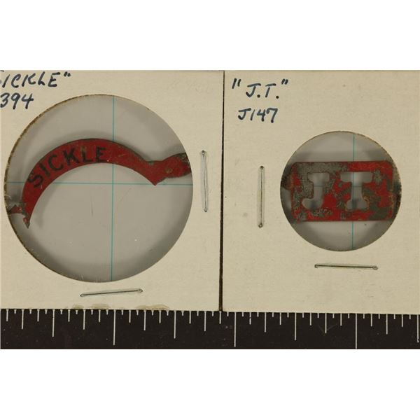 2-VINTAGE METAL TOBACCO TAGS COLORIZED RED: