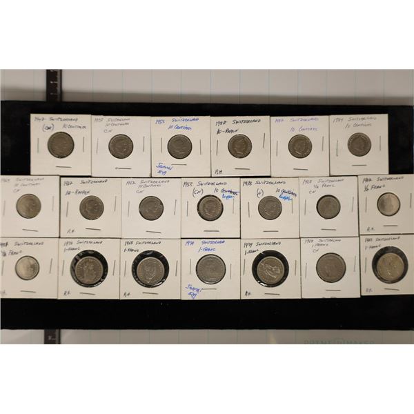 20-ASSORTED SWITZERLAND COINS: 10 CENTIMES-1 FRANC
