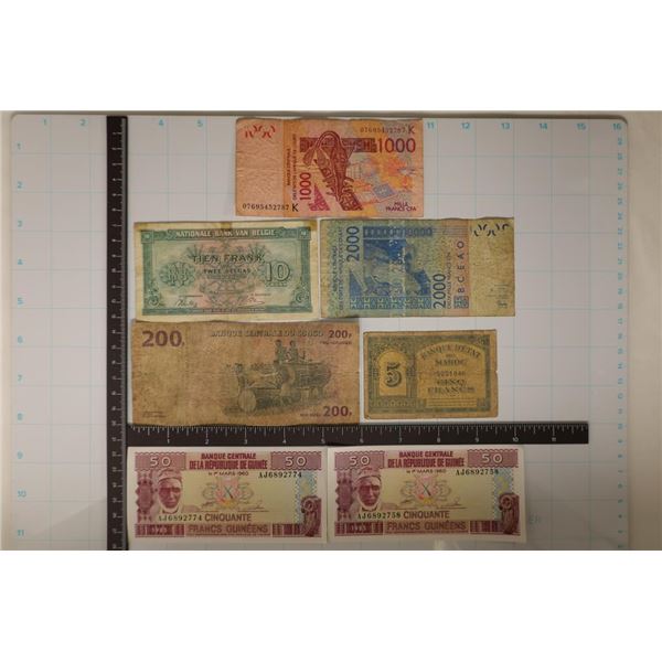 7 ASSORTED FRANC BILLS: 1943-MOROCCO 5 FRANCS,