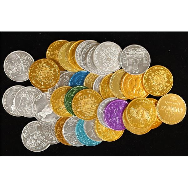 40 ALUMINUM MARDI GRAS TOKENS. VARIOUS COLORS ETC