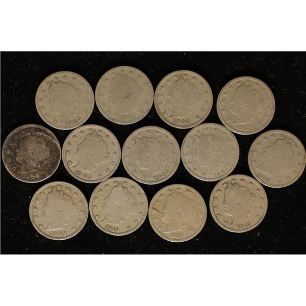 13 LIBERTY "V" NICKELS 1900-1912. ONE OF EACH DATE