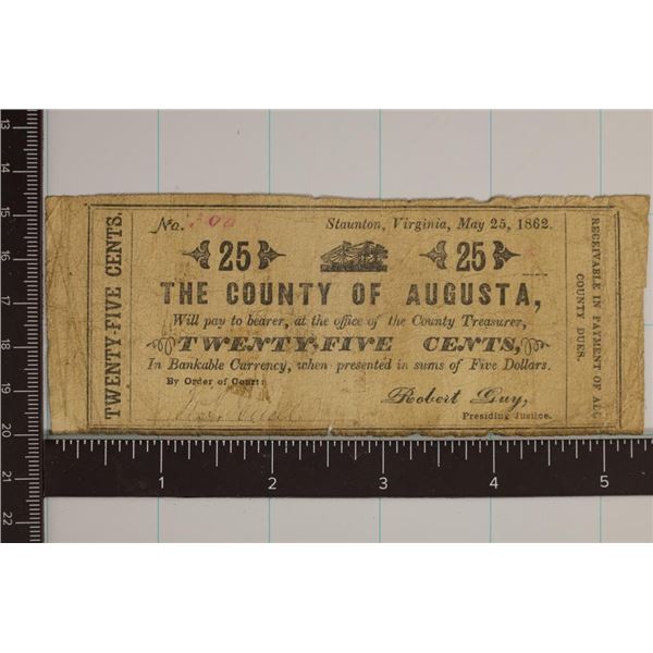 1862 THE COUNTY OF AUGUSTA 25 CENT FRACTIONAL