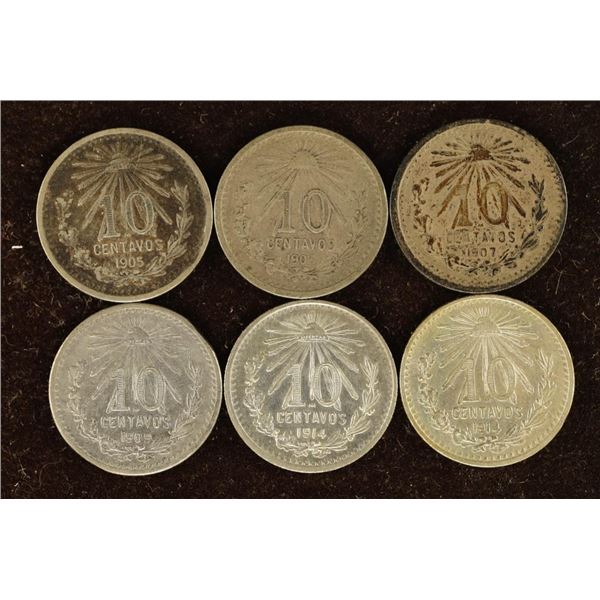 6-MEXICO SILVER 10 CENTAVO CAP & RAYS COINS: