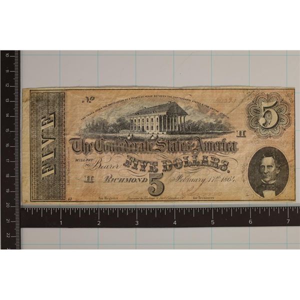 1864 CONFEDERATE STATES OF AMERICA $5 BILL