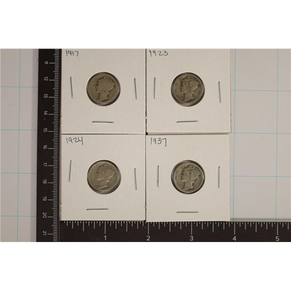 4-SILVER MERCURY DIMES: 1917, 1923, 1924 & 1937