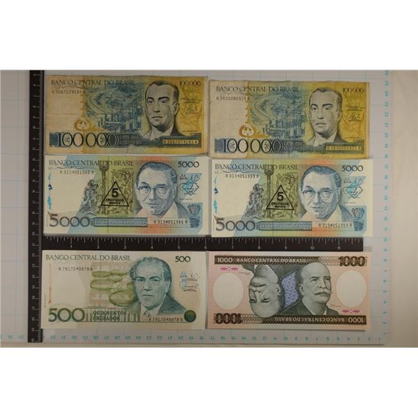 6 BRAZIL BILLS: 1986-FIVE HUNDRED CRUZADOS CU,