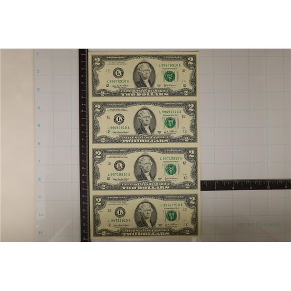 UNCUT 2003-A SHEET OF 4 US $2 FRNS. CRISP UNC