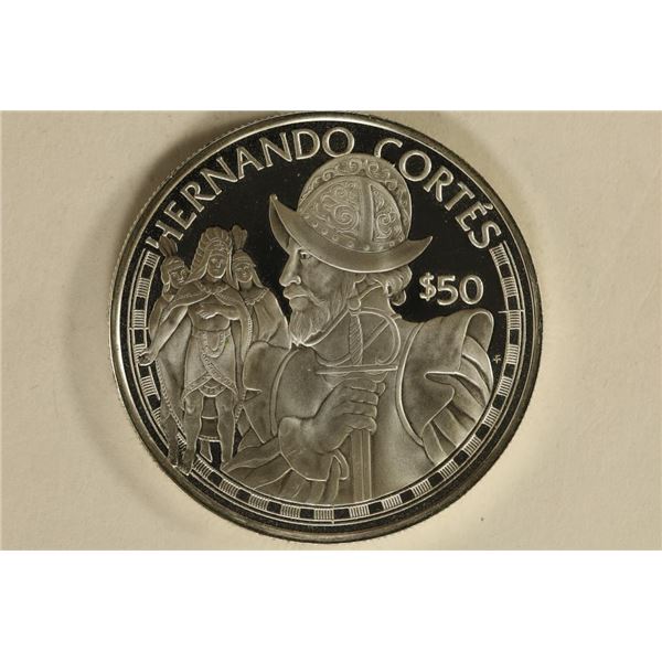 1988 COOK ISLANDS SILVER PF $50 "HERNANDO CORTES"