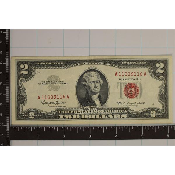 1963 US $2 RED SEAL NOTE CRISP WHITE BILL