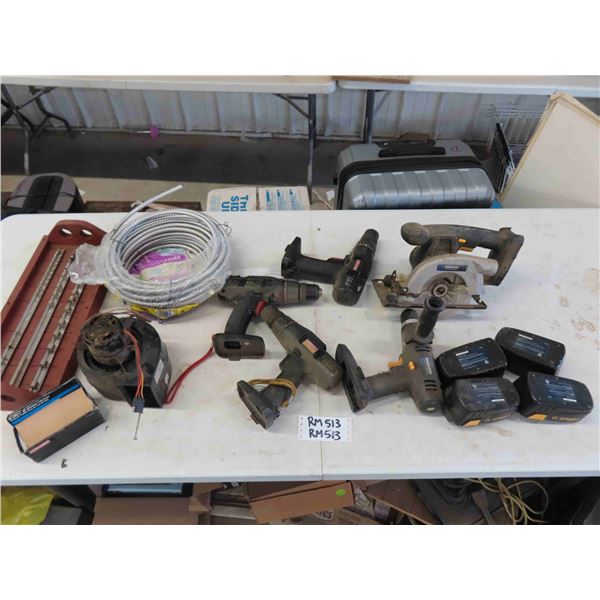 Cordless Drills, Saw, Batteries, Blower Motor, Partial Roll of 2 Wire BX Cable,