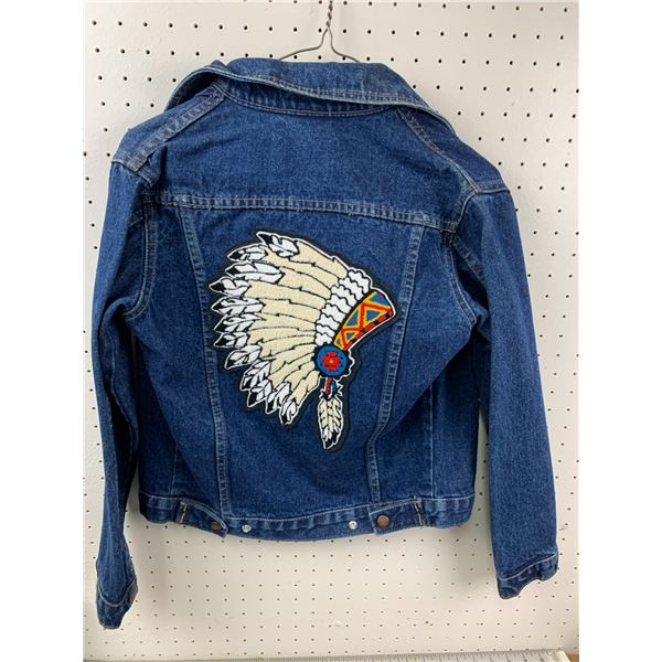 VINTAGE LARGE CHILDRENS DENIM JEAN JACKET WITH INDIAN CHIEF PATCH