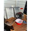 Image 2 : lot of kitchen ware cake pan, 2 cookie sheets, strainer, covered butter dish, red pyrex bowl