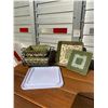 Image 1 : temptations green "old world" ovenware set, 3 sizes of dishes, 2 trivets, 2 wire baskets, 2 lids, pe