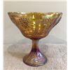 Image 1 : Vintage marigold carnival glass compote pedestal bowl. Iridescent grapes. 8" tall.
