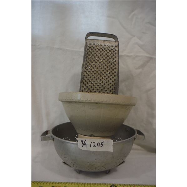 metal colander, shredder and early 1900's mixing bowl