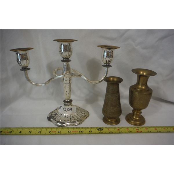 Candelabra and 2 brass vases