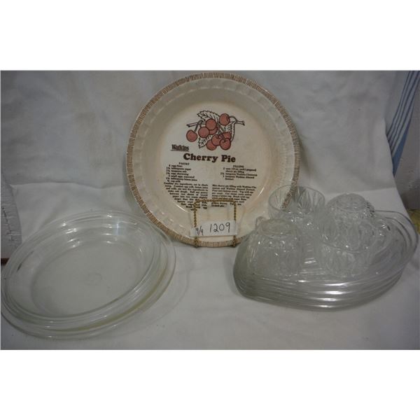 Hostess plate and cup set and 3 clear and cherry pie plates