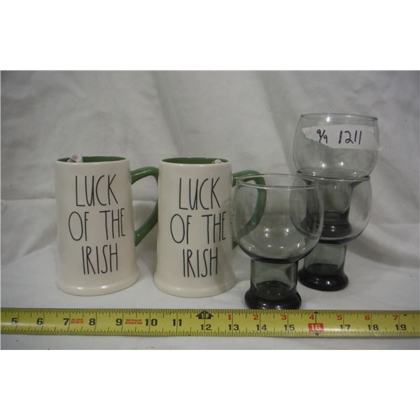 2 Rae Dunn Beer mugs and 3 Beer glasses