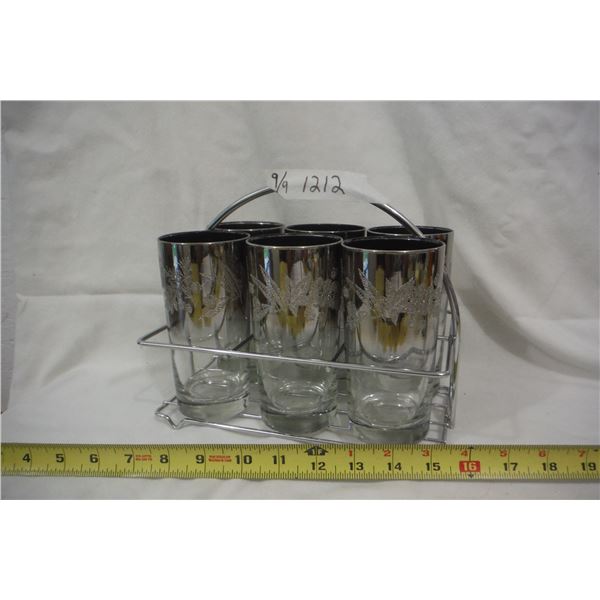 MCM 6 highball glasses in carrier, silver leaves