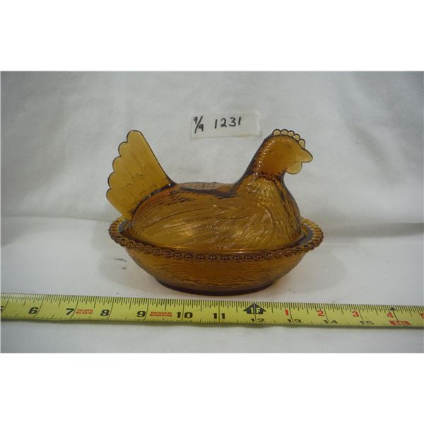 Indiana glass, amber, hen on nest