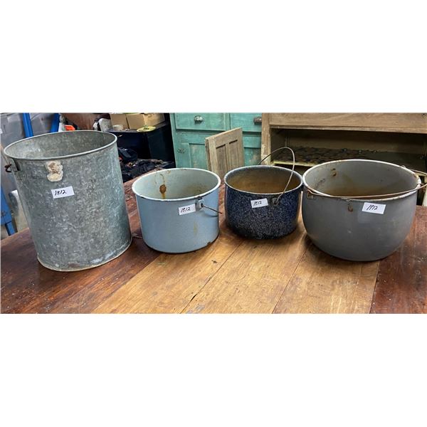 4 buckets - 3 enamelware and 1 galvanized