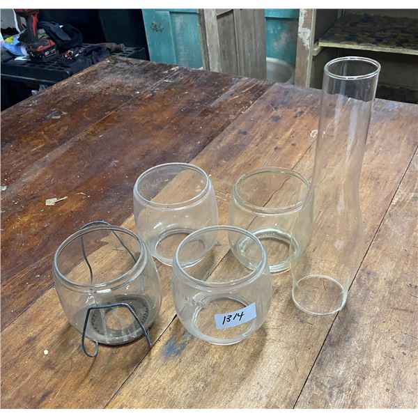 5 assorted glass chimneys - 4 barn lantern, 1 #2 lamp