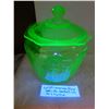 Image 1 : URANIUM GLASS COOKIE JAR, BASE PERFECT, LID TWO TINY CHIPS