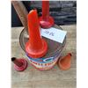 Image 1 : 1 gal antifreeze tin & 5 oil pour spouts from 1 qt bottles, 3 metal, 2 plastic
