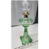 Image 4 : Green glass oil lamp, with chimney - 20.5"H