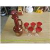 Image 1 : red glass decanter and 5 mathching cups