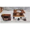 Image 3 : Collectors items - Wooden smoking pipe stand, with 4 pipes and dish & wooden piano cigg dispenser