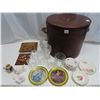 Image 1 : 15.5" Tall x 17" diameter leather corner stool/bench with dishware & décor