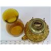 Image 4 : Antique Yellow Glass handheld oil lamp - Floral Pattern + Antique pump