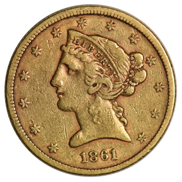 1861 $5 Liberty Head Half Eagle Gold Coin