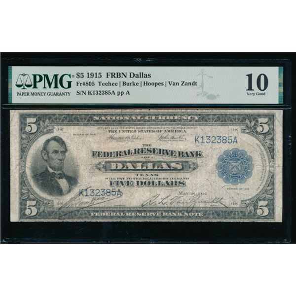 1915 $5 Dallas FRBN PMG 10