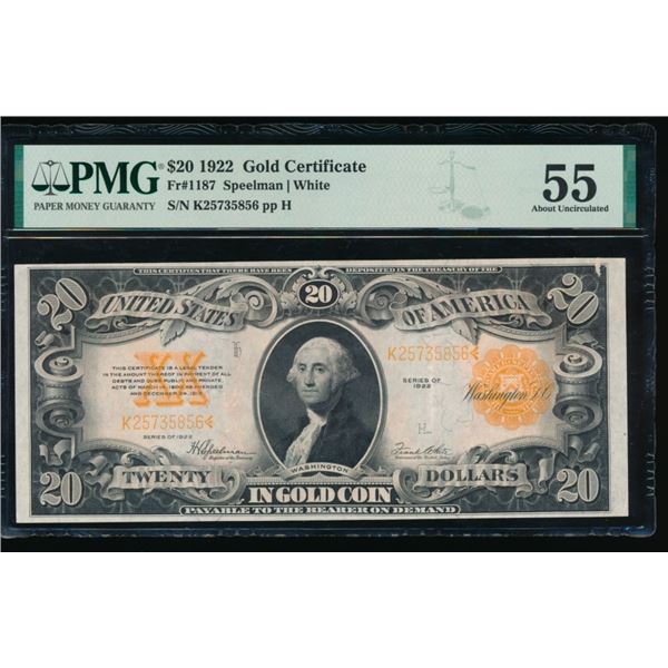 1922 $20 Gold Certificate PMG 55