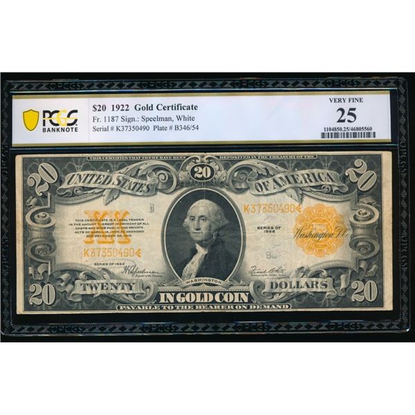 1922 $20 Gold Certificate PCGS 25