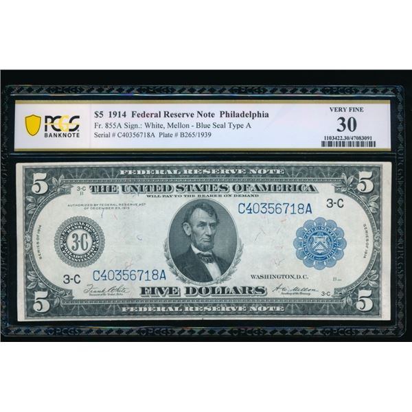 1914 $5 Philadelphia FRN PCGS 30