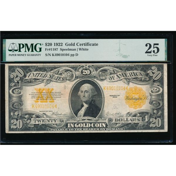 1922 $20 Gold Certificate PMG 25