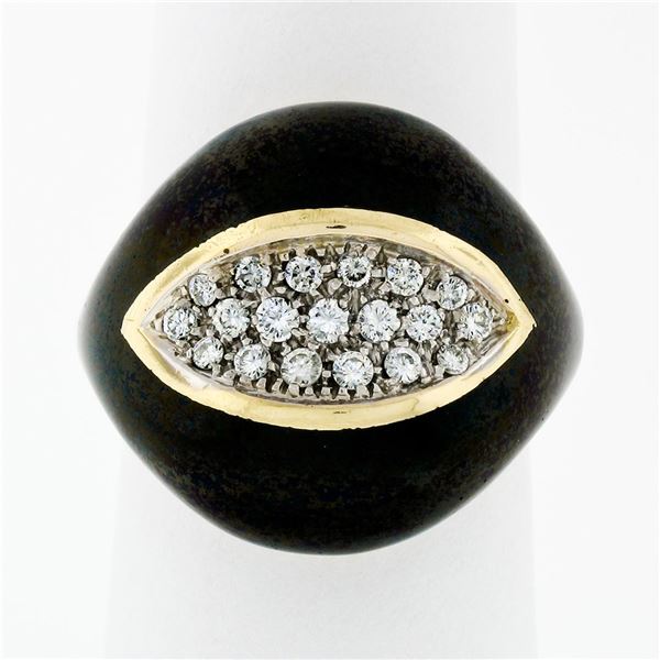 Vintage 18k Yellow Gold Diamond Wide Eye Shaped Black Enamel Dome Cocktail Ring