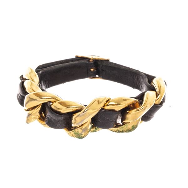 Chanel Black Gold Plated Leather Chain Bracelet