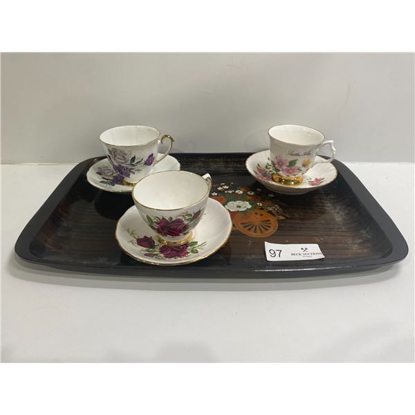 Three Assorted Teacups And Serving Tray