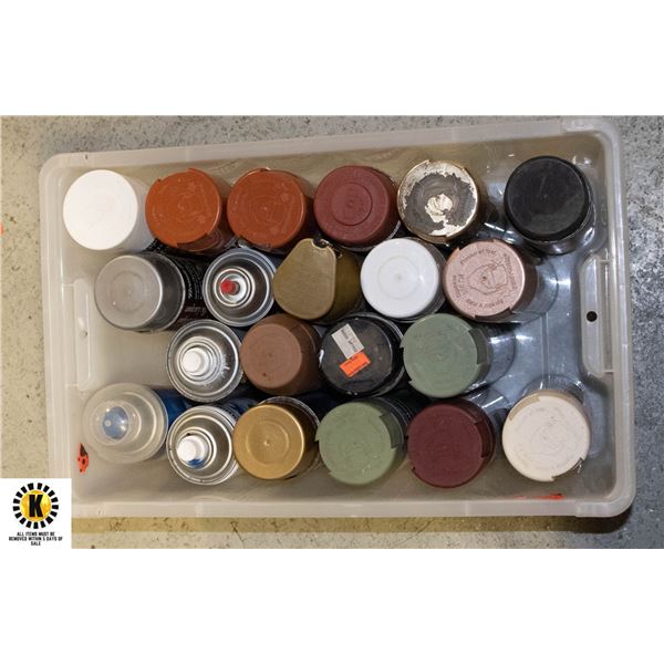 TUB OF PARTIALLY USED SPRAY PAINTS VARIOUS COLORS