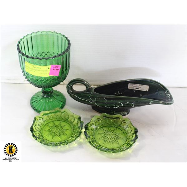 GREEN GLASS STEMED BOWL, TWO SMALL GREEN