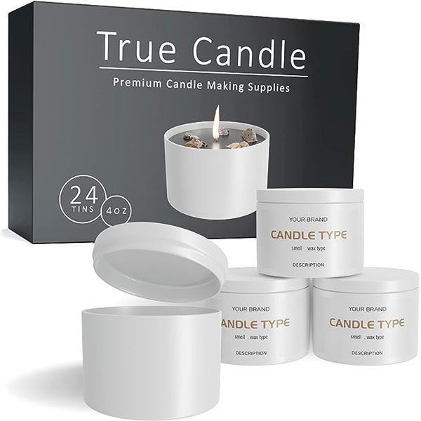NEW CASE OF 24 TRUE CANDLE 4OZ CANDLE TINS W/ LIDS
