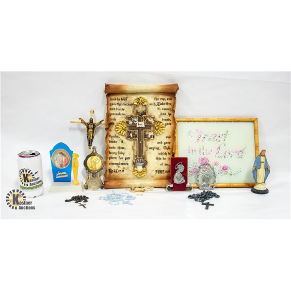 CHRISTIAN ITEMS STONE SCROLL, PICTURE, ROSARYS