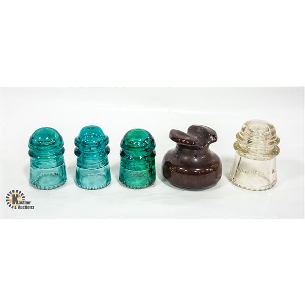 5 OLD GLASS INSULATORS